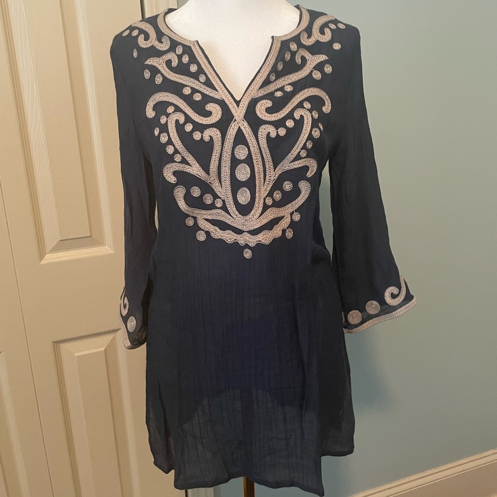 THML Anthropologie Size Small Blue Tunic Top With Flared Bell Sleeves